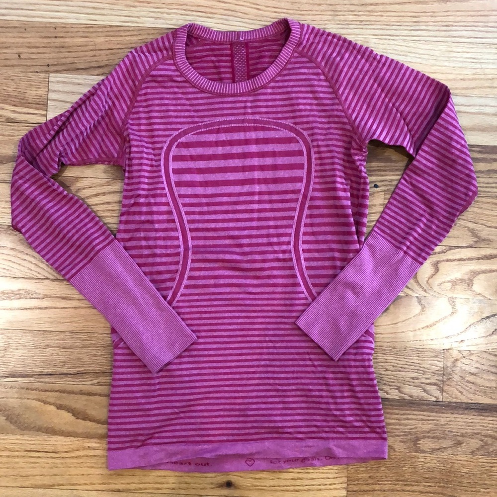 Pink striped lululemon swiftly long sleeve size 8